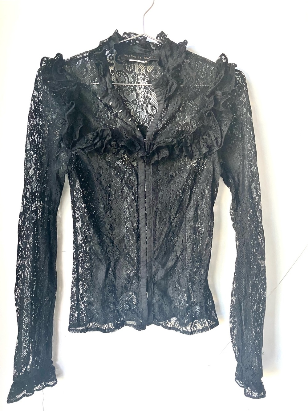 Sheer Black Lace Ruffle Blouse - Women's Long Sleeve